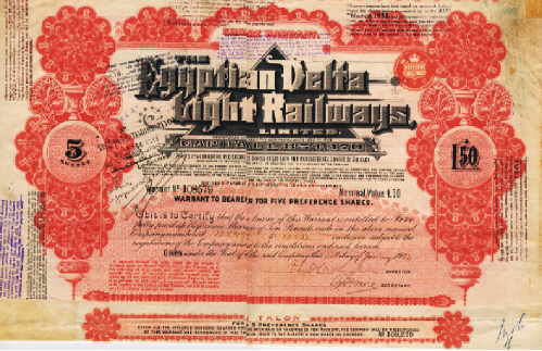 Egyptian Delta Light Railways Historische Alte Aktien Und Wertpapier