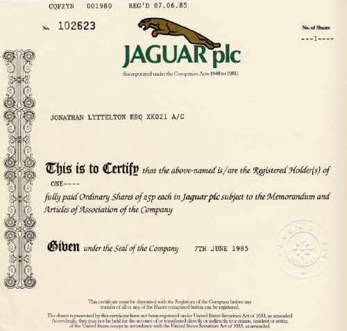 Jaguar Plc Historische Alte Aktien Und Wertpapier